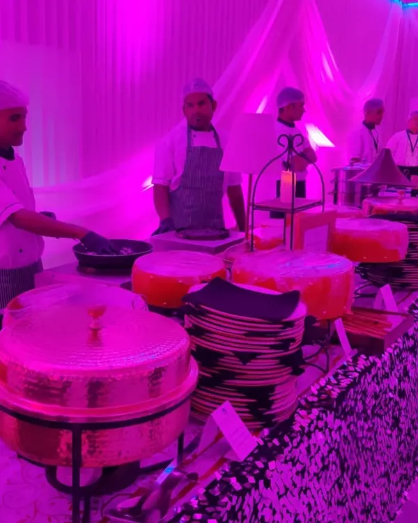 A wide shot of our extensive buffet line at the Zee Cine Awards 2023. The dramatic lighting and elegant draping created a spectacular ambiance for the VIPs, artists, and sponsors in attendance.