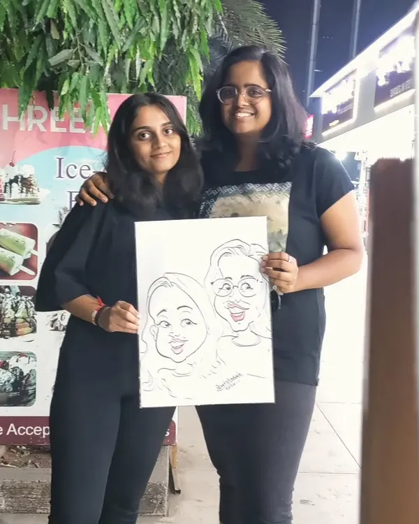 A fun caricature for two friends enjoying a Sunday outing. It's a great way to capture a memory together.