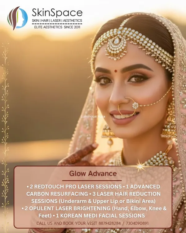 This is the ultimate goal for our brides: a radiant, flawless glow that looks stunning in photos and lasts long after the wedding. This image showcases our 'Glow Advance' package, a comprehensive plan combining Redtouch Pro lasers, advanced peels, and laser hair reduction for complete pre-wedding skin preparation.