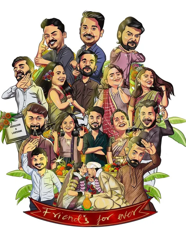 This piece is one of my favorites, a custom group caricature celebrating over twenty years of friendship. I combined many individual photos to bring everyone together in one frame, capturing each person's unique personality for a truly special keepsake.