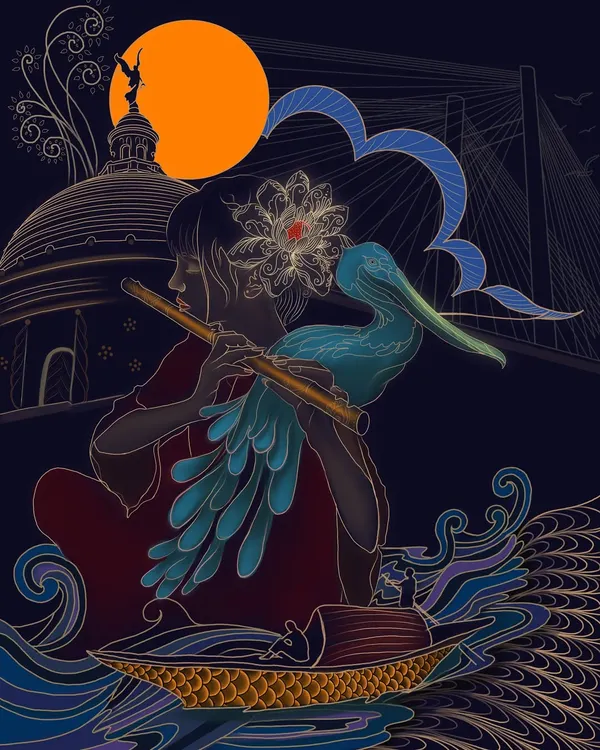 'Sonar Tori: A Journey Through Kolkata' is a digital piece that feels like a dream of my city. The golden boat drifts through time, carrying music and memory against a backdrop of the Howrah Bridge and Victoria Memorial.