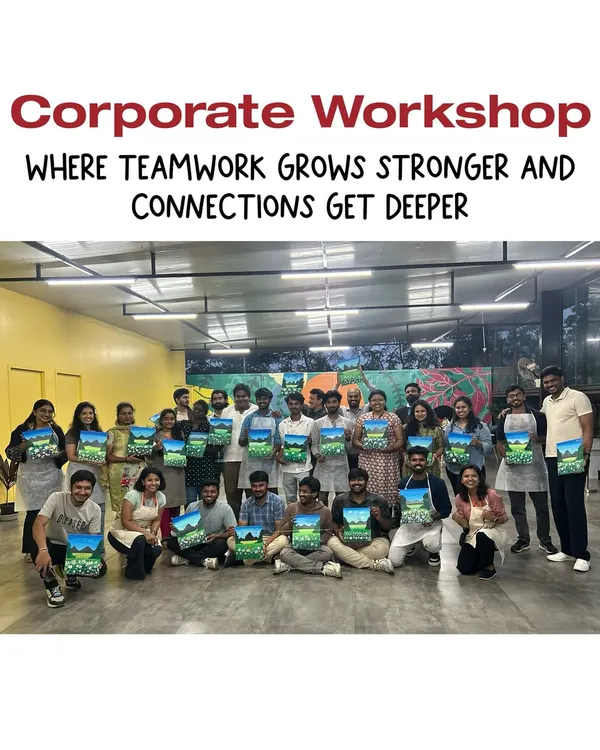 A fantastic group from a recent corporate workshop, all smiles with their finished landscape paintings. This is team building at its most colorful and fun!