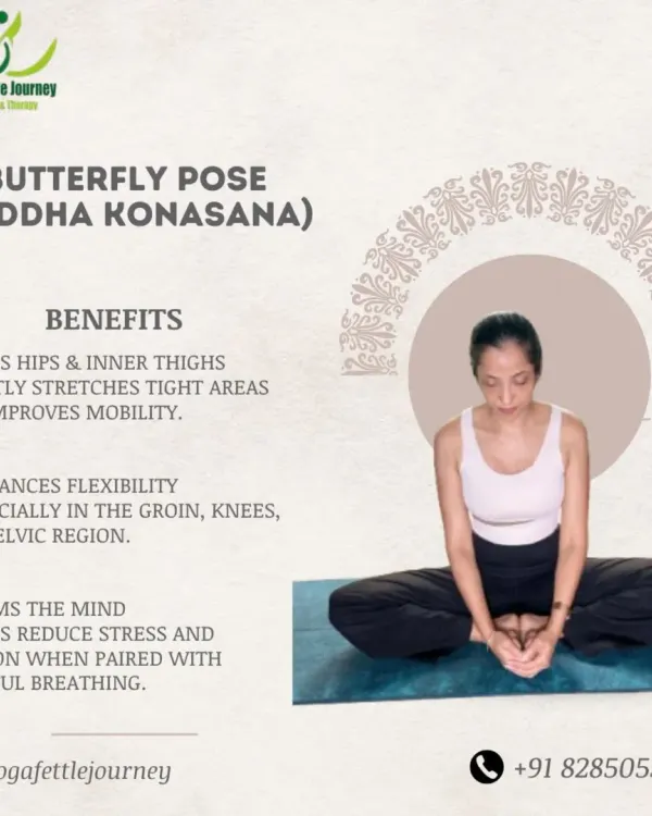 The Butterfly Pose, or Baddha Konasana, is a great pose for beginners to open the hips and calm the mind. This graphic explains its key benefits.