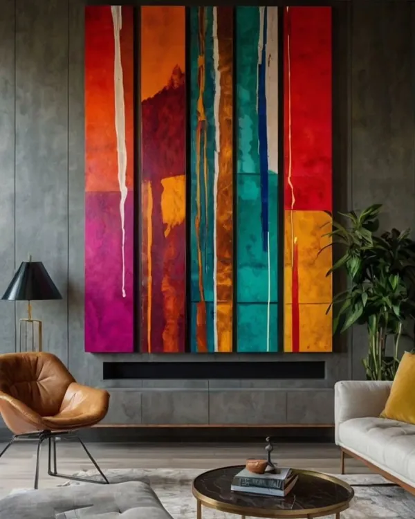 This large, vibrant abstract piece uses bold vertical strokes of color to create a sense of energy and movement. It's a perfect statement artwork for a modern living room or a corporate space that wants to inspire creativity.