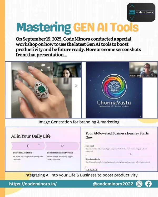 This collage captures key moments from our "Mastering Gen AI Tools" workshop. We guided business owners and professionals on using AI for practical tasks like image generation for branding and creating automated business workflows, helping them integrate AI to boost productivity.