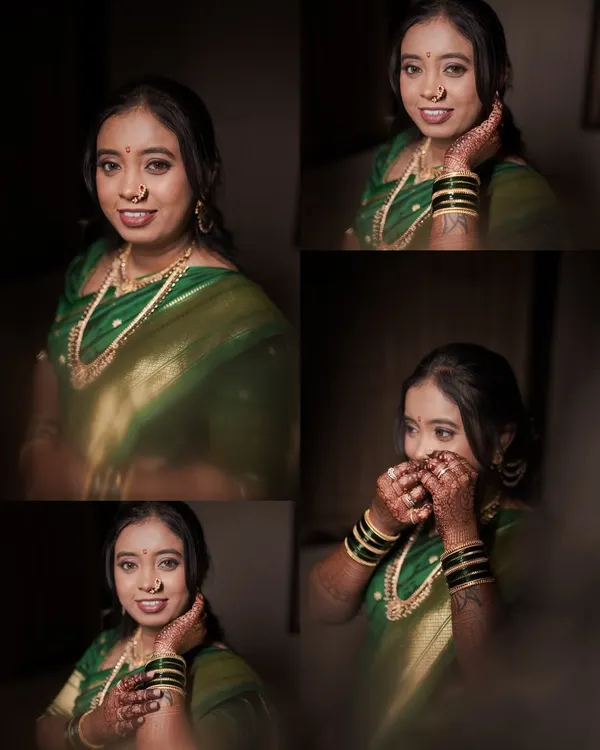 A collage of the bride in her beautiful green saree, a staple of Maharashtrian ceremonies. I capture her expressions, her traditional jewelry, and the intricate details of her look.