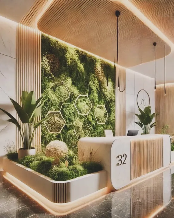 Welcome to elegance reimagined. This office reception features a stunning fusion of preserved moss, artificial plants, and geometric accents to make a powerful first impression.