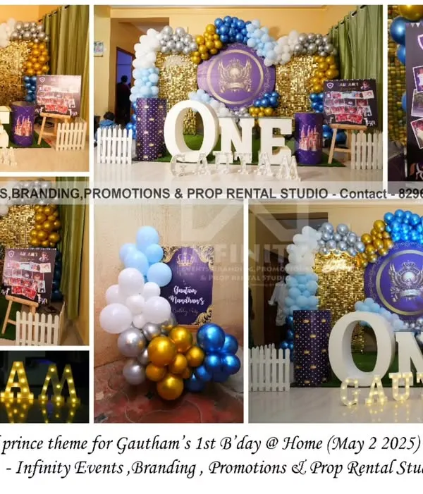 A magnificent Royal Prince theme for Gautam's first birthday at home. The centerpiece is a gold sequin mirrored backdrop, complemented by a balloon semi-arch and a custom royal crest, proving you can have a grand celebration anywhere.