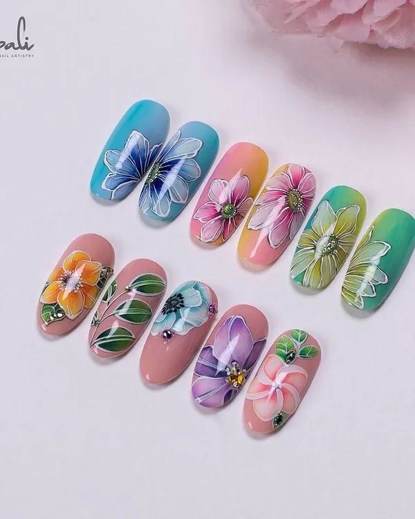 A beautiful collection of my gel-painted floral designs. Each nail showcases a different flower, color palette, and technique, from transparent petals to bold, opaque leaves.