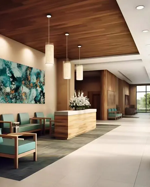 This reception area was designed to be warm and welcoming, using natural wood tones for the desk and ceiling, complemented by soft, comfortable seating. The large abstract artwork adds a point of interest, making a professional and lasting first impression.