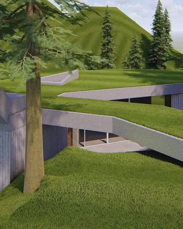 A minimalist concrete residence designed to merge with the landscape. This project features a green roof that provides natural insulation and allows the structure to become an extension of the rolling hills, demonstrating our approach to sustainable, nature-integrated architecture.