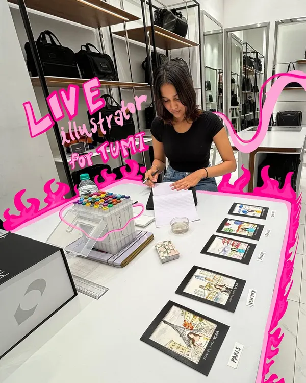 Here I am in my element, sketching live portraits at the TUMI store launch in Ahmedabad. My setup is compact and professional, designed to fit into any event space and create a fun, interactive art station for your guests.