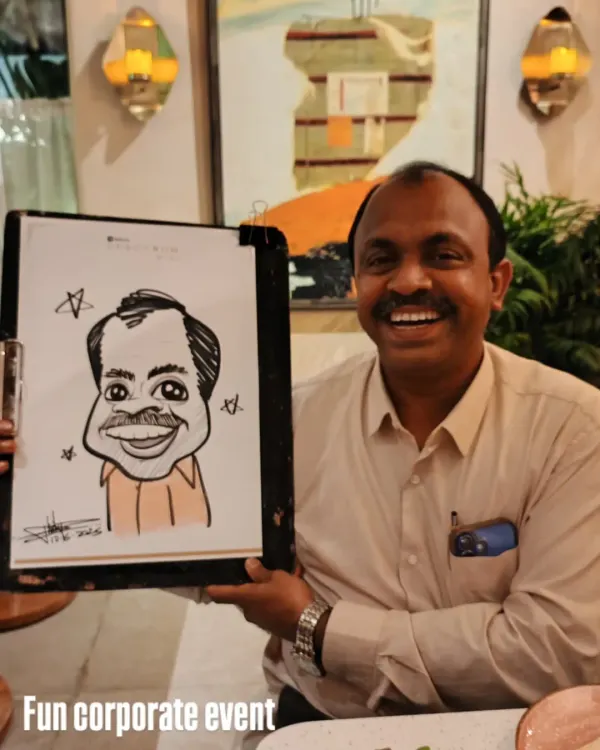 A happy employee at a corporate get-together at one8 commune. Live sketching is a fantastic way to add a personal and fun touch to company events.