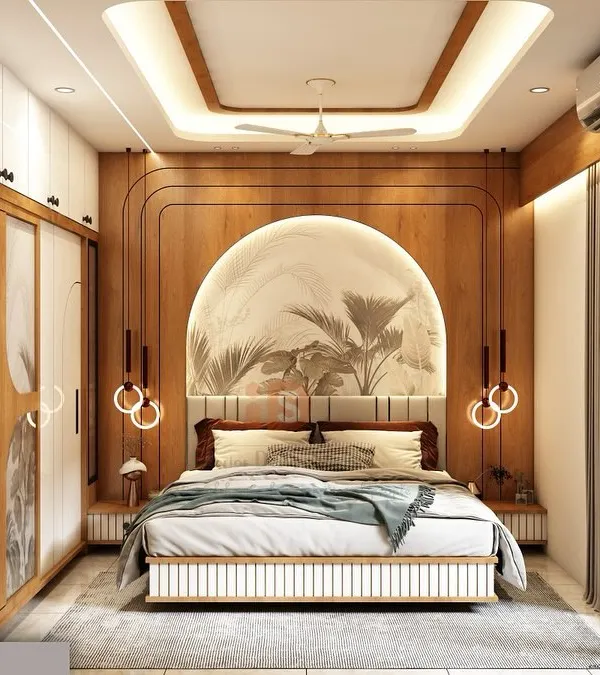 A 3D render of a master bedroom concept, featuring a beautiful arched headboard with custom wallpaper, warm wood paneling, and modern hanging lights. This visualization helps finalize every detail before execution.