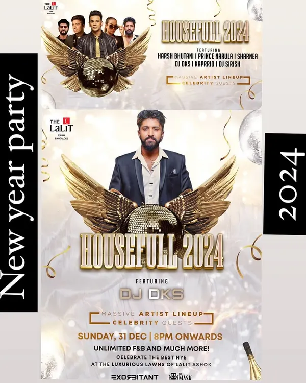 The official poster for Housefull 2024, one of South India's biggest NYE parties. It was an honor to be part of a massive celebrity artist lineup and play for such a huge audience at The Lalit Ashok.