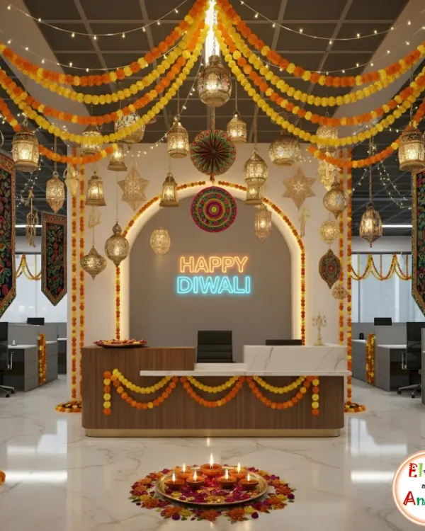 I believe in creating immersive experiences, and this Diwali office transformation is a perfect example. The reception area was turned into a festive wonderland with traditional marigold garlands, intricate hanging lanterns, and a modern "Happy Diwali" neon sign, setting a warm and welcoming tone for employees and visitors.