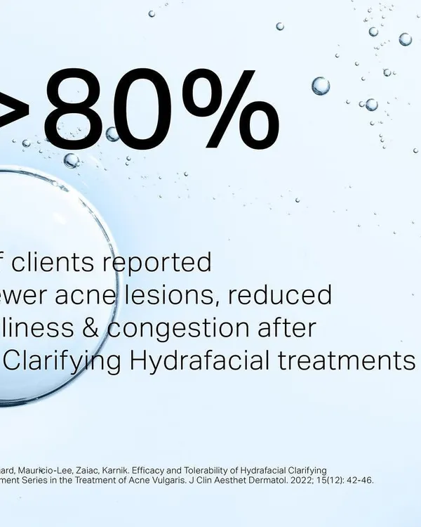 The results speak for themselves. Over 80% of clients in a clinical study reported fewer acne lesions and reduced oiliness after a series of clarifying Hydrafacial treatments.
