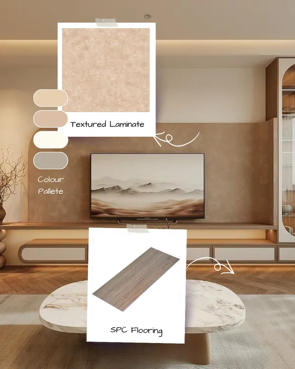 This image shows how to achieve the Japandi style in a living room. A neutral color palette is combined with textured laminate on the wall and SPC flooring to create a look that is calm, cozy, and minimal.