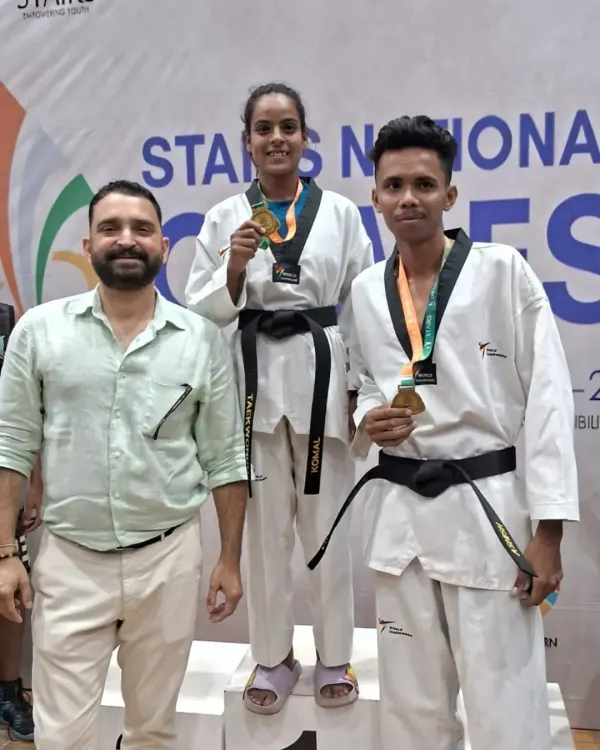 A proud moment on the podium at the Stairs National Games. Our gold medalists, Komal and another champion, represent the pinnacle of dedication and skill at Team Prahar.