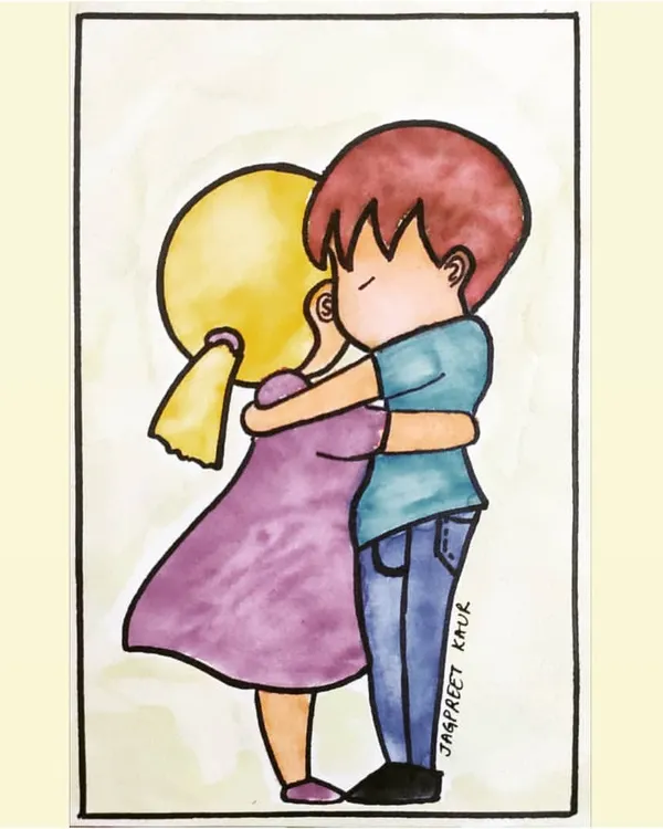 A simple, colorful cartoon of a boy and girl hugging. This piece was made during a time of distance, a hopeful illustration about the simple power of a hug and looking forward to being close to loved ones again.
