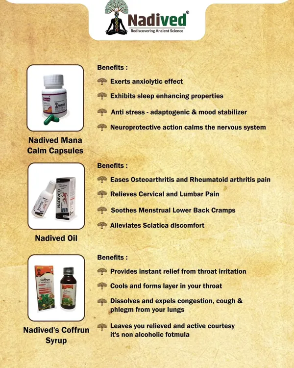 This is our range of in-house Ayurvedic products. Each formulation is carefully crafted to address specific health concerns, from stress and pain to cough and cold, using the holistic wisdom of Ayurveda.