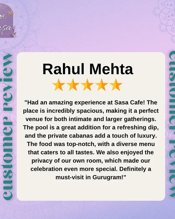 I'm so grateful for reviews like this one from Rahul. He highlights the spaciousness, the pool, the private cabanas, and the top-notch food, calling it a "must-visit in Gurugram."