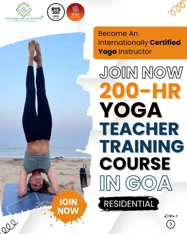 Begin your teaching journey with our 200-hour residential YTTC in Goa. This poster highlights the immersive experience, combining rigorous training with the peaceful, inspiring environment of the Goan coast.