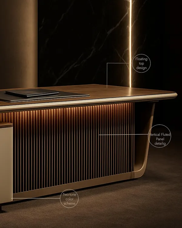 This executive desk showcases our commitment to modern design and fine details. We created a floating top that feels light yet commanding, paired with vertical fluted paneling and a two-tone color scheme to add texture and sophistication to any workspace.
