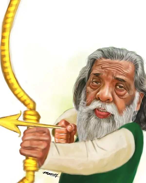 A tribute caricature of Jharkhand's "Dishom Guru," Shri Shibu Soren, depicted as an archer.
