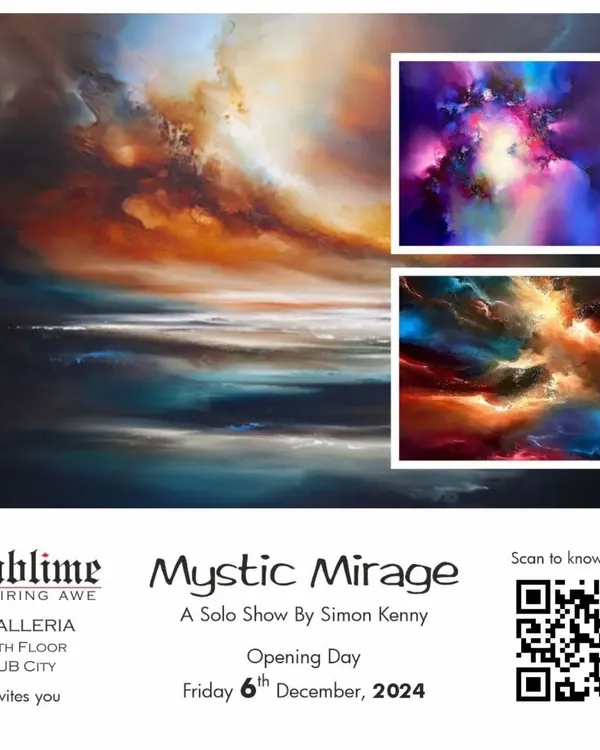 The official invitation for 'Mystic Mirage', a solo show by UK artist Simon Kenny. The artwork features his signature cosmic abstract style, full of color and emotion.