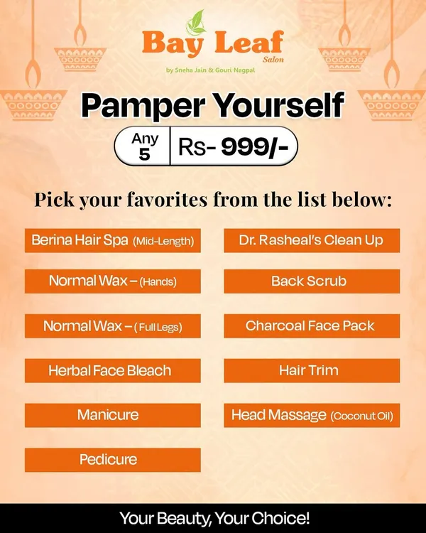 Our 'Pamper Yourself' deal lets you pick any five of your favorite services for just Rs. 999. Mix and match a hair spa, clean-up, waxing, manicure, and more to create your ideal package.