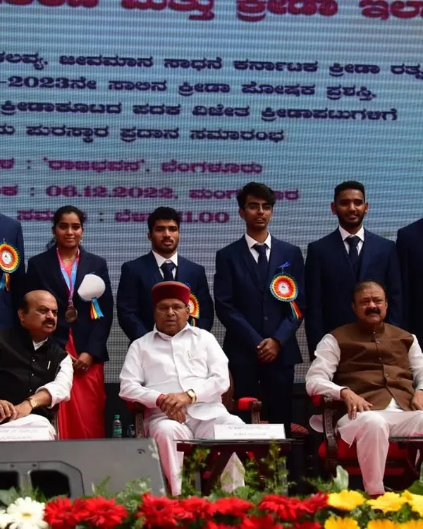 Our Ekalavya awardee, Srijay, with other honored athletes and state dignitaries, including the Chief Minister of Karnataka.