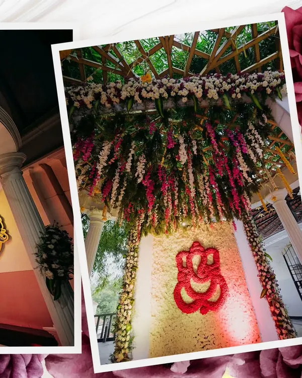 A collage showcasing our unique decor elements, including a stunning floral Ganesha backdrop and custom hall signage, highlighting our ability to make every detail special.