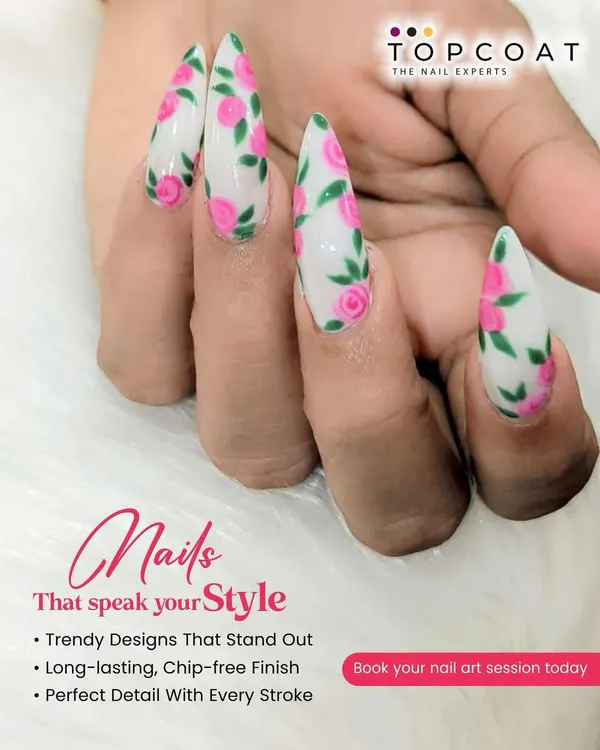 This design features a beautiful hand-painted rose pattern on a clean white base. The stiletto shape adds a trendy edge, creating a look that is both stylish and timeless. All my floral designs are chip-free and long-lasting.