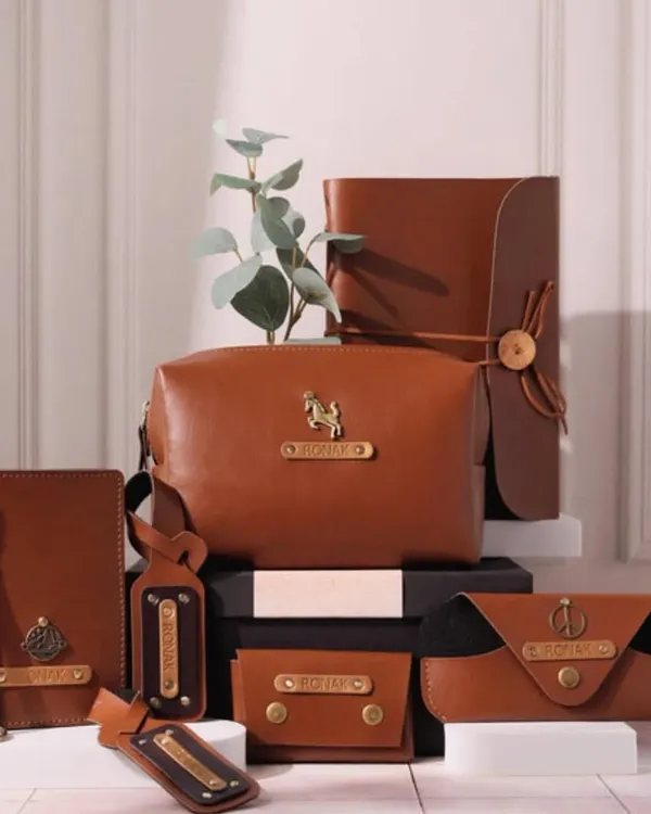 This is the full matching set of my personalized vegan leather goods in a classic tan color. It showcases a travel pouch, passport cover, wallet, spectacle case, and keychains, all customized for a cohesive and stylish look.