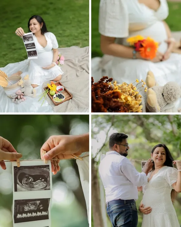 A collage from a lovely outdoor picnic-themed maternity session. We used personal props like ultrasound photos to make the memories even more special, telling the story of this family's excitement.