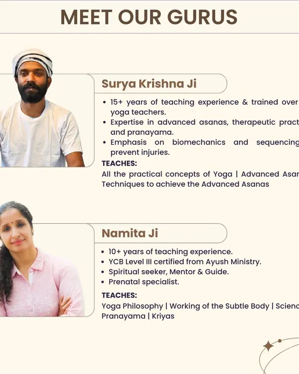 Meet our founders, Surya Krishna Ji and Namita Ji. With over 25 years of combined experience, they lead our TTC, blending deep knowledge of advanced asanas, therapeutic yoga, and spiritual philosophy to guide the next generation of teachers.
