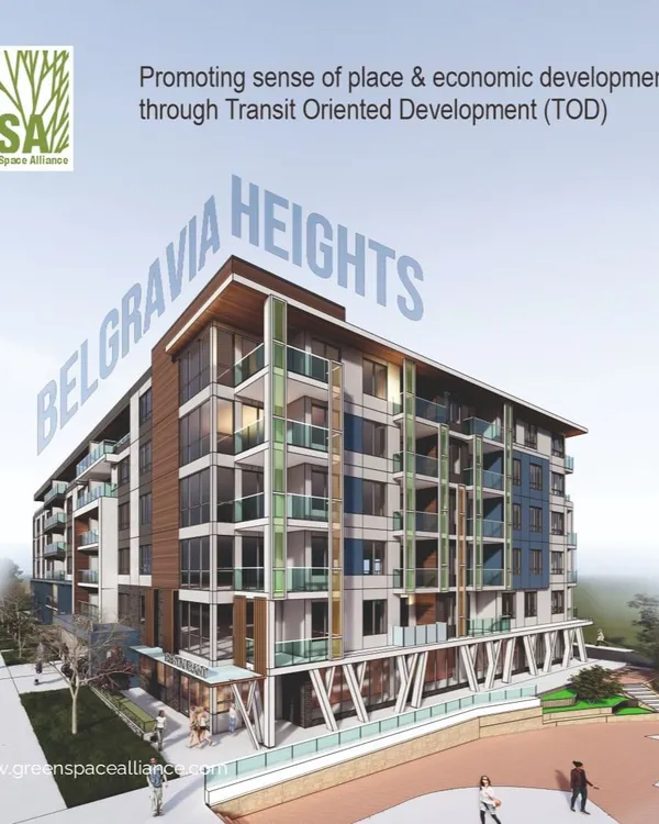 A render of Belgravia Heights, a groundbreaking TOD project in Edmonton. This development, located steps from an LRT station, is designed to be a vibrant, walkable, transit-oriented community, promoting a sense of place and stimulating local economic development.