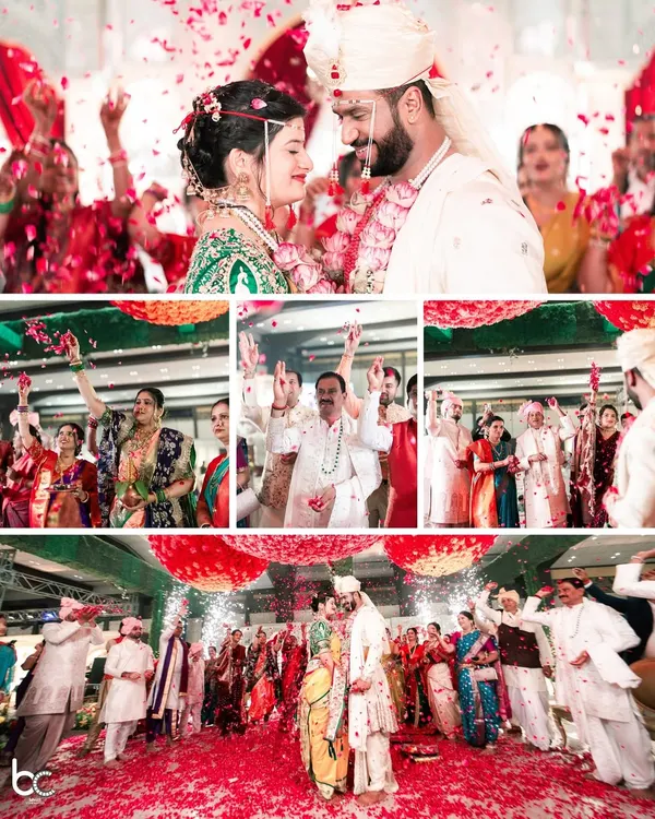 A collage capturing the peak moments of a Marathi wedding ceremony, from the couple's loving gaze to the celebratory shower of red petals by family.