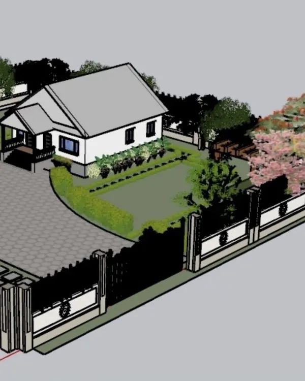 This 3D rendering gives a complete perspective of a residential property design. It helps visualize the relationship between the house, driveway, boundary walls, and the garden layout.