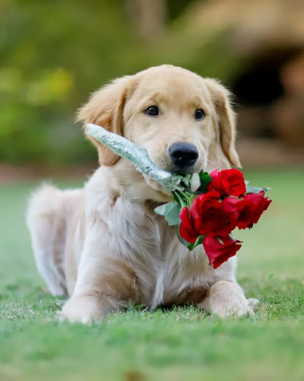 The perfect Pawlentine! This adorable golden retriever puppy holds a bouquet of red roses, ready to steal your heart.