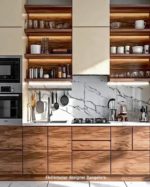 A beautiful kitchen combining warm wood-grain lower cabinets with cream upper cabinets. The design features a marble backsplash and backlit open shelving, creating a stylish and practical space for cooking.