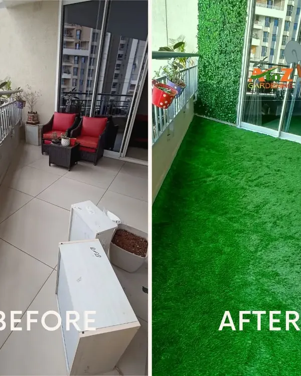 This is the transformative power of a well-designed green space. I turned a plain, tiled balcony into a vibrant and soft green lawn with an artificial turf floor and a lush artificial vertical garden wall, creating a perfect private retreat.