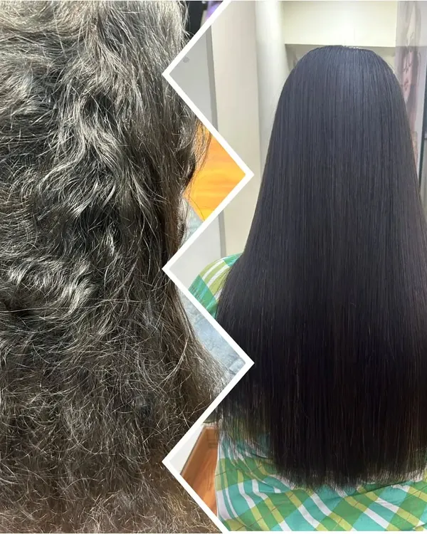 A powerful before and after comparison. On the left, you see hair that is prone to frizz and difficult to style. On the right, the result of our smoothening therapy is perfectly straight, glossy, and healthy-looking hair.