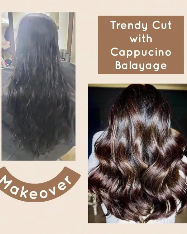 A complete hair makeover featuring a trendy haircut paired with a rich, multi-dimensional cappuccino balayage. This technique gives a beautifully blended, sun-kissed effect that grows out gracefully, requiring less maintenance than traditional highlights.