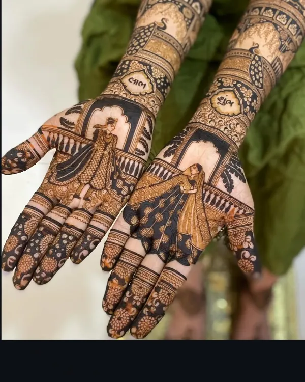 A beautiful bride and groom design, personalized with the couple's names, 'Shubh' and 'Labh', written in Hindi on the forearms.