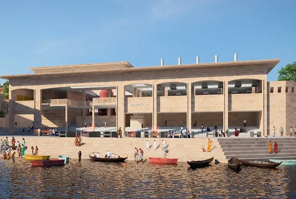 A daytime render of the redeveloped Manikarnika Ghat, viewed from the Ganga river. The design provides improved access and organized spaces for rituals, using stone heritage to create a structure that feels both timeless and new.