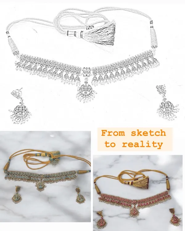 This is the journey I love most, taking a design from sketch to reality. I worked with a client to bring their vision for a delicate choker and earring set to life, available in both oxidised and gold-plated finishes.