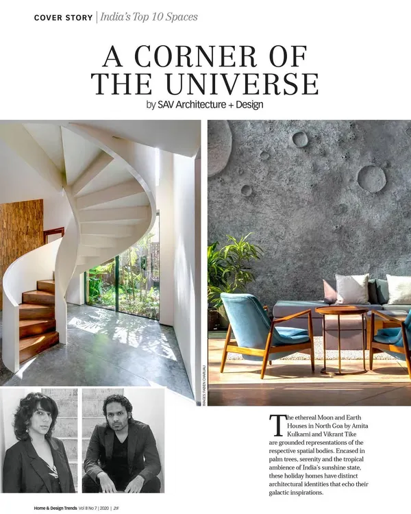 We were thrilled to have three of our projects featured in Home & Design Trends' "Top 10" issue for 2020. This cover story, "A Corner of the Universe," highlights our Moon and Earth Houses in Goa.