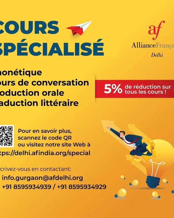 Élargissez vos horizons! This graphic provides an overview of our specialized courses, including Phonétique, Cours de conversation, Production orale, and Traduction littéraire.